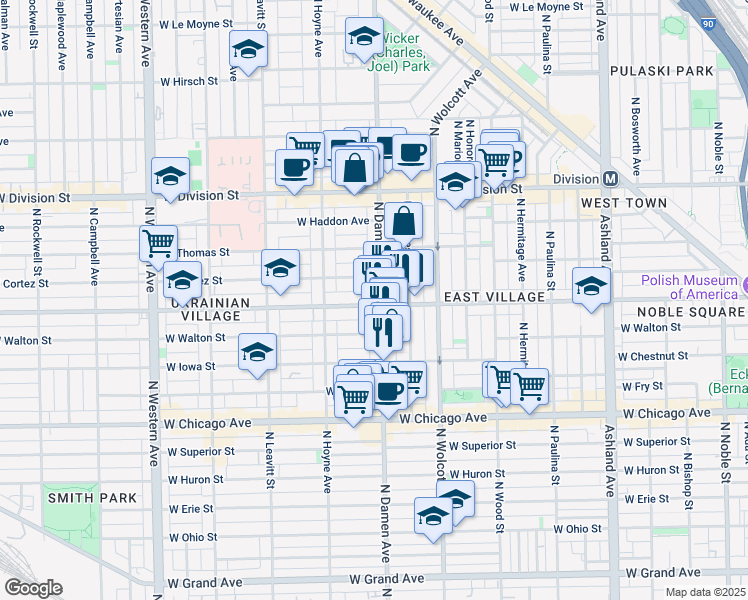 map of restaurants, bars, coffee shops, grocery stores, and more near 1000 North Damen Avenue in Chicago