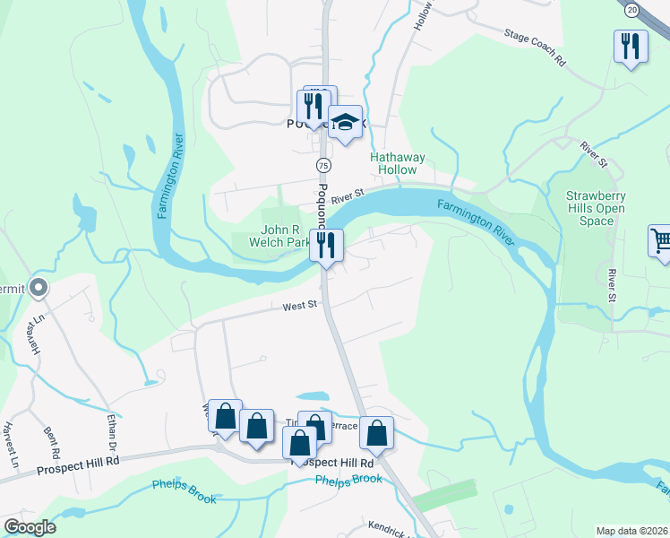 map of restaurants, bars, coffee shops, grocery stores, and more near 13 Tunxis Street in Windsor
