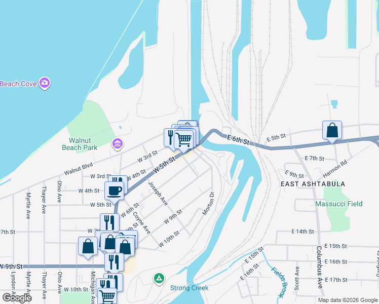 map of restaurants, bars, coffee shops, grocery stores, and more near 1016 Bridge Street in Ashtabula