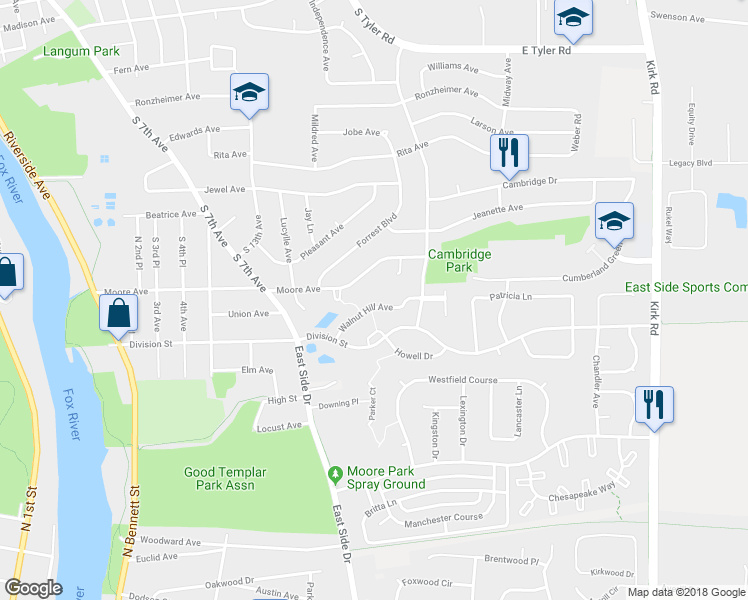 map of restaurants, bars, coffee shops, grocery stores, and more near 1458 Walnut Hill Avenue in Saint Charles