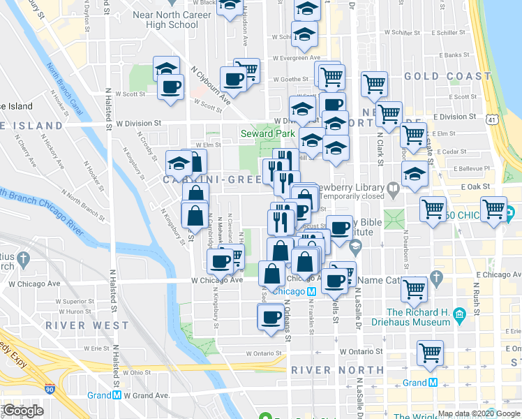 map of restaurants, bars, coffee shops, grocery stores, and more near 950 North Sedgwick Street in Chicago