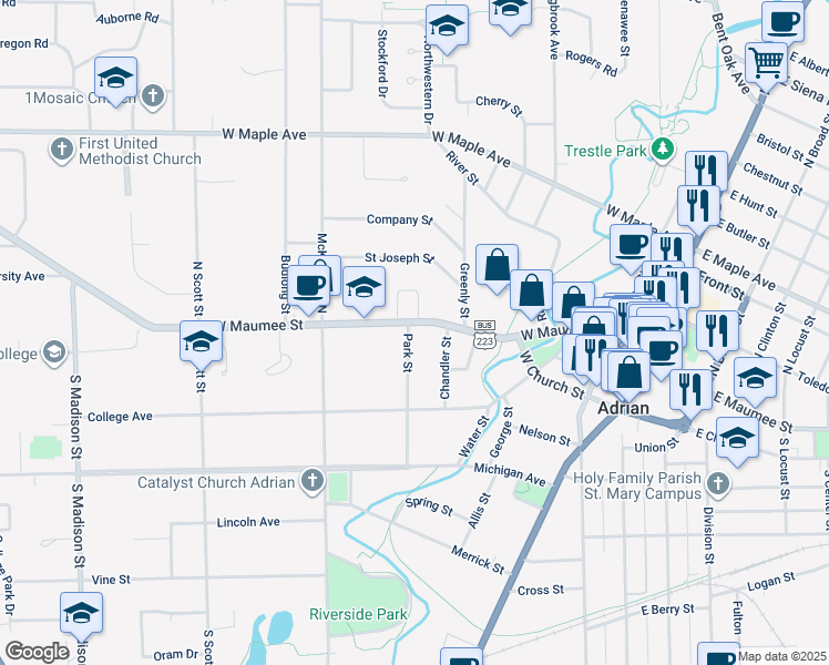 map of restaurants, bars, coffee shops, grocery stores, and more near in Adrian