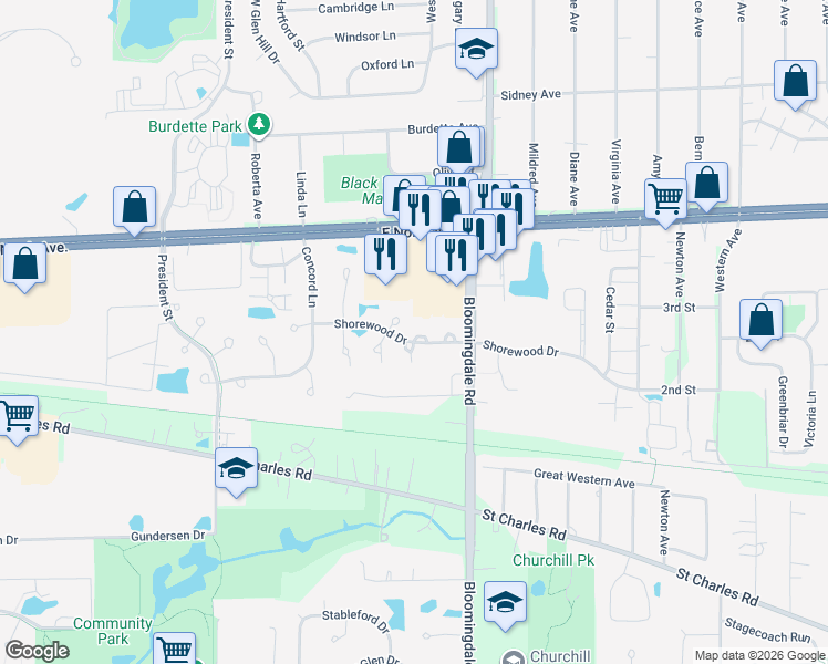map of restaurants, bars, coffee shops, grocery stores, and more near 120 Kennebunk Court in Glendale Heights