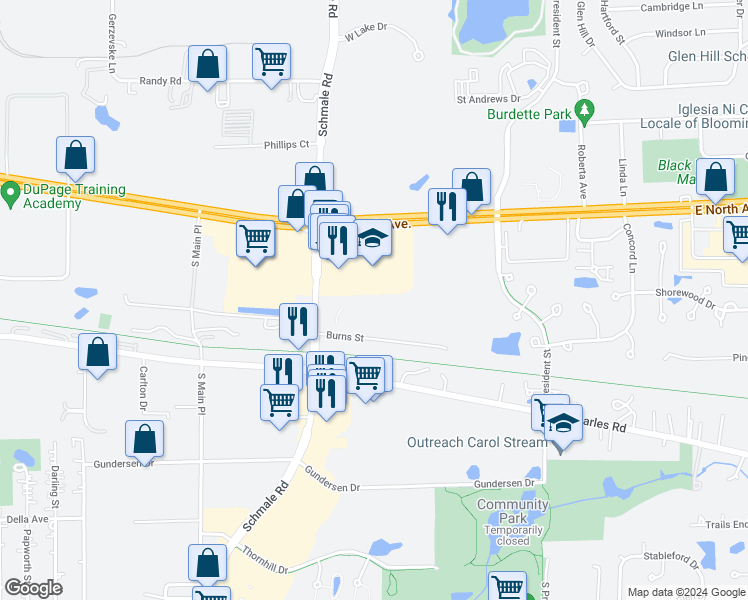 map of restaurants, bars, coffee shops, grocery stores, and more near 624 Willow Wood Drive in Carol Stream
