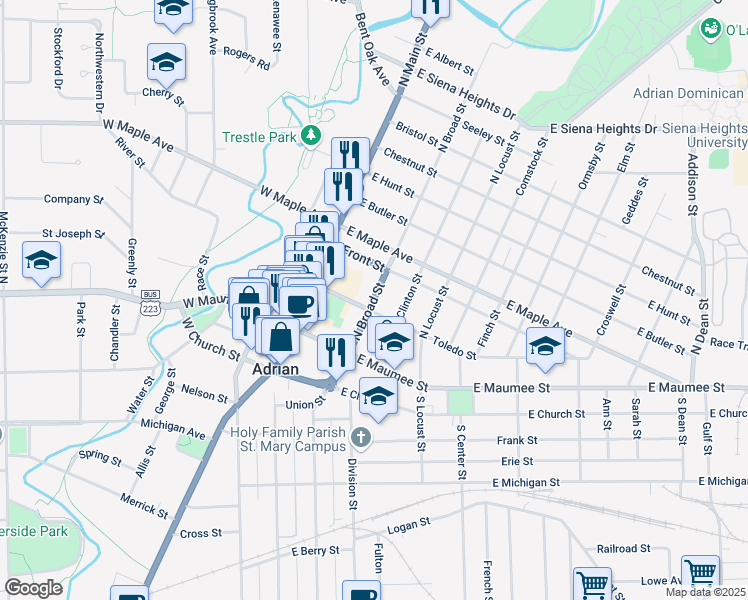 map of restaurants, bars, coffee shops, grocery stores, and more near 228 North Broad Street in Adrian