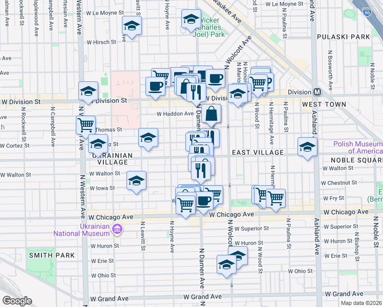 map of restaurants, bars, coffee shops, grocery stores, and more near 2021 West Augusta Boulevard in Chicago