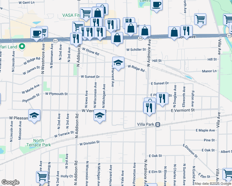 map of restaurants, bars, coffee shops, grocery stores, and more near 203 West Plymouth Street in Villa Park