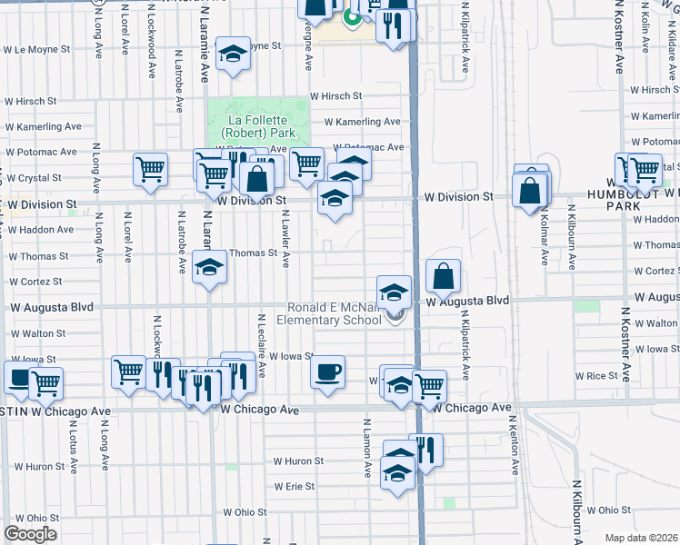 map of restaurants, bars, coffee shops, grocery stores, and more near 4926 West Cortez Street in Chicago