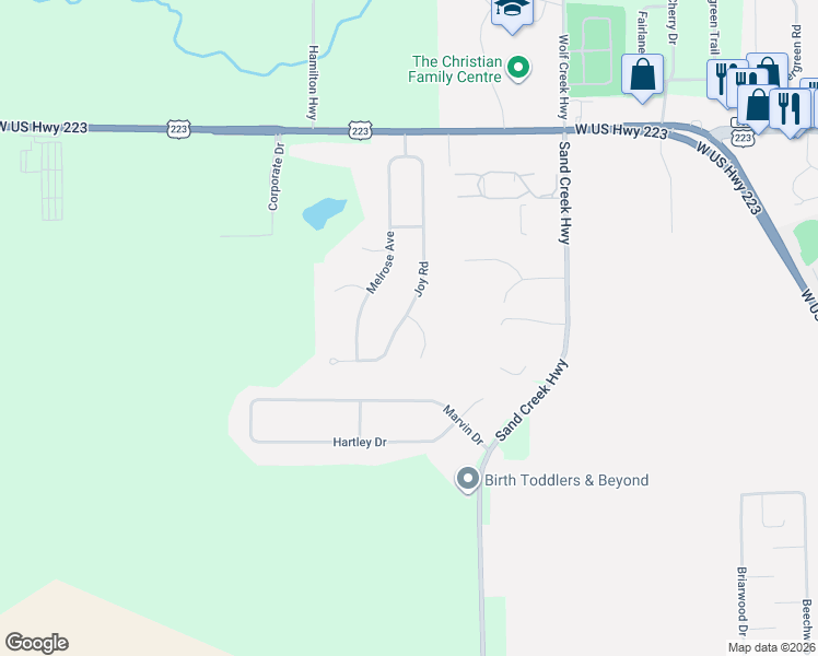 map of restaurants, bars, coffee shops, grocery stores, and more near 238 Ironwood Drive in Adrian