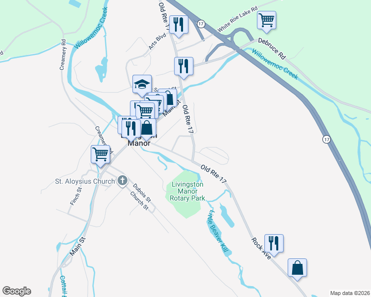 map of restaurants, bars, coffee shops, grocery stores, and more near 41 Pearl Street in Livingston Manor