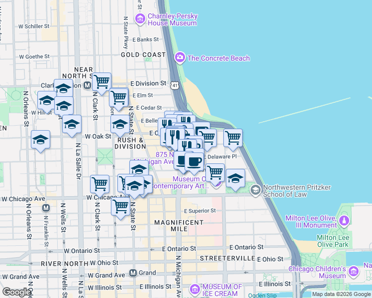 map of restaurants, bars, coffee shops, grocery stores, and more near 919 North Michigan Avenue in Chicago