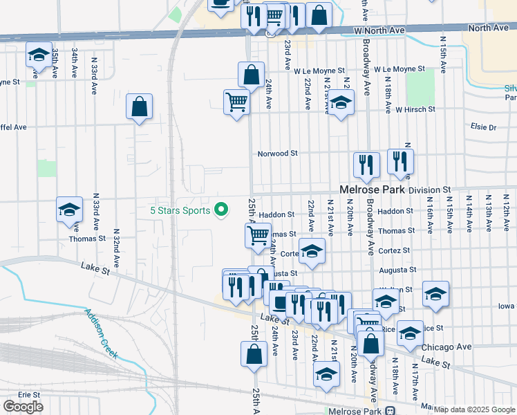 map of restaurants, bars, coffee shops, grocery stores, and more near 1401 25th Avenue in Melrose Park