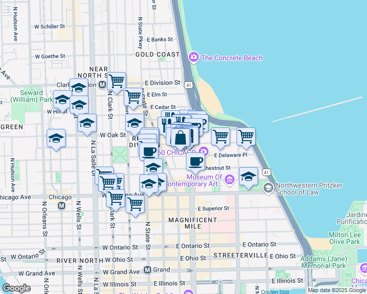 map of restaurants, bars, coffee shops, grocery stores, and more near 900 Michigan Avenue in Chicago