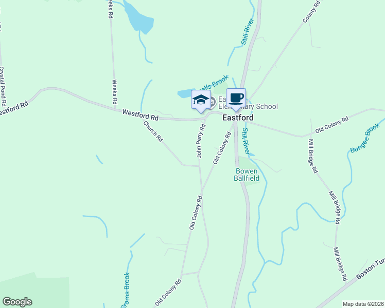 map of restaurants, bars, coffee shops, grocery stores, and more near 8 Church Road in Eastford