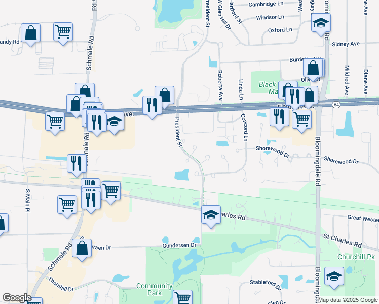 map of restaurants, bars, coffee shops, grocery stores, and more near 851 Pembrook Court in Carol Stream