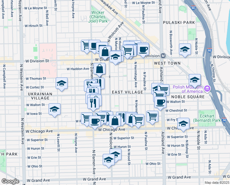 map of restaurants, bars, coffee shops, grocery stores, and more near 1844 West Augusta Boulevard in Chicago