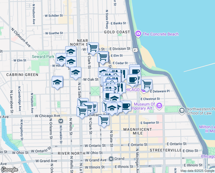 map of restaurants, bars, coffee shops, grocery stores, and more near 908 North State Street in Chicago