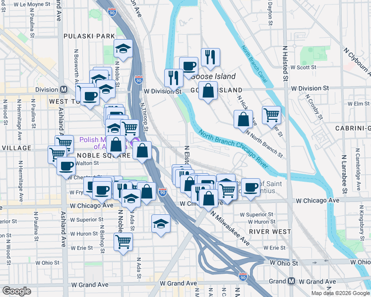 map of restaurants, bars, coffee shops, grocery stores, and more near 936 North Elston Avenue in Chicago