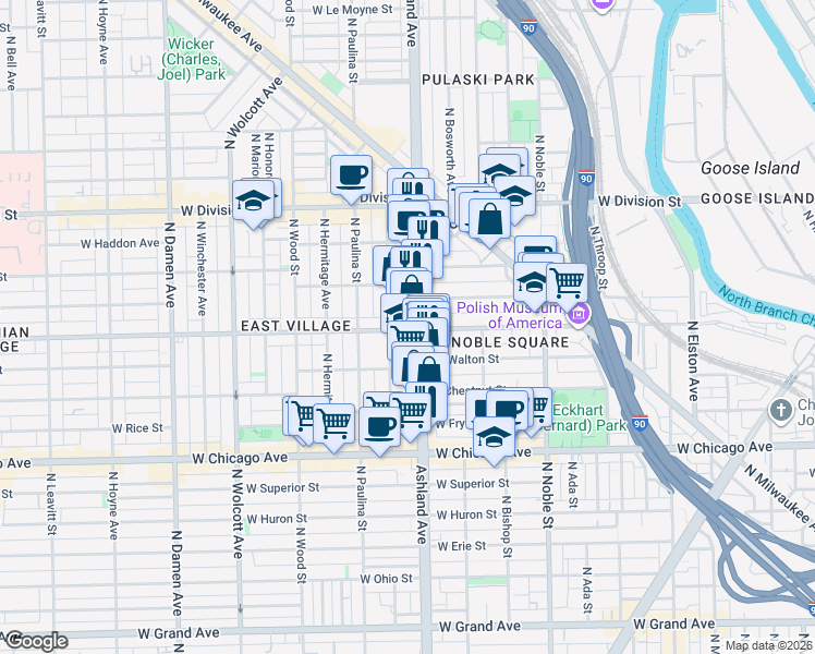 map of restaurants, bars, coffee shops, grocery stores, and more near in Chicago