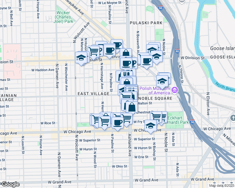 map of restaurants, bars, coffee shops, grocery stores, and more near 1638 West Augusta Boulevard in Chicago