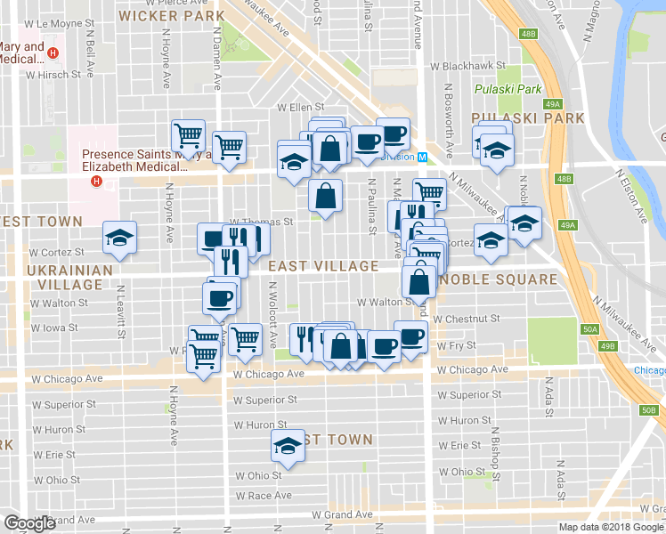 map of restaurants, bars, coffee shops, grocery stores, and more near in Chicago