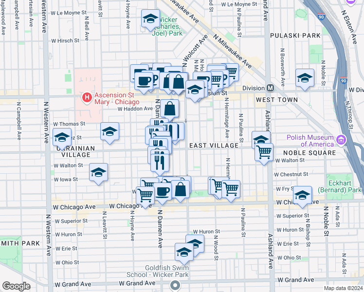 map of restaurants, bars, coffee shops, grocery stores, and more near 958 North Wolcott Avenue in Chicago
