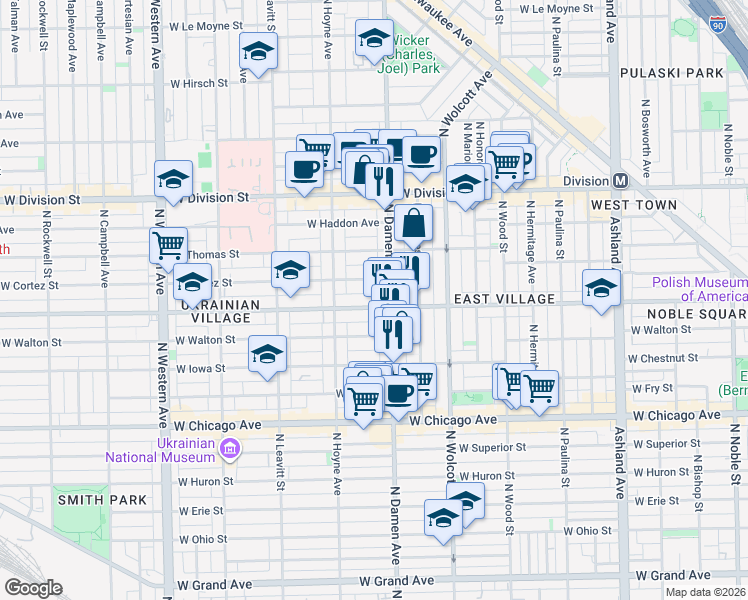 map of restaurants, bars, coffee shops, grocery stores, and more near 2021 West Augusta Boulevard in Chicago