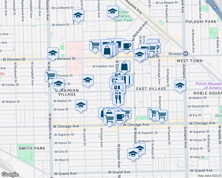 map of restaurants, bars, coffee shops, grocery stores, and more near 2021 West Augusta Boulevard in Chicago