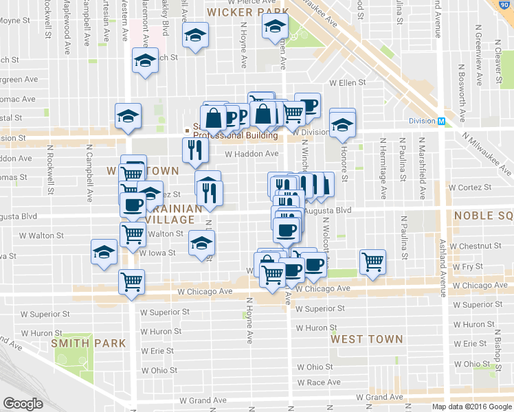 map of restaurants, bars, coffee shops, grocery stores, and more near 953 North Hoyne Avenue in Chicago