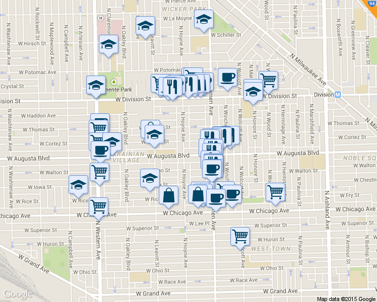 map of restaurants, bars, coffee shops, grocery stores, and more near 953 North Hoyne Avenue in Chicago