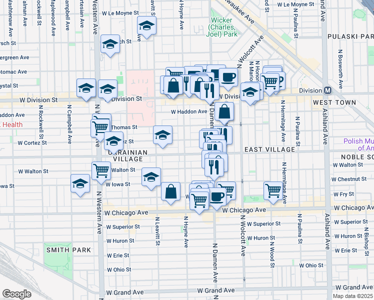 map of restaurants, bars, coffee shops, grocery stores, and more near 953 North Hoyne Avenue in Chicago