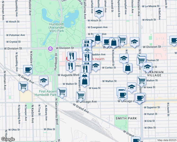 map of restaurants, bars, coffee shops, grocery stores, and more near 2740 West Augusta Boulevard in Chicago