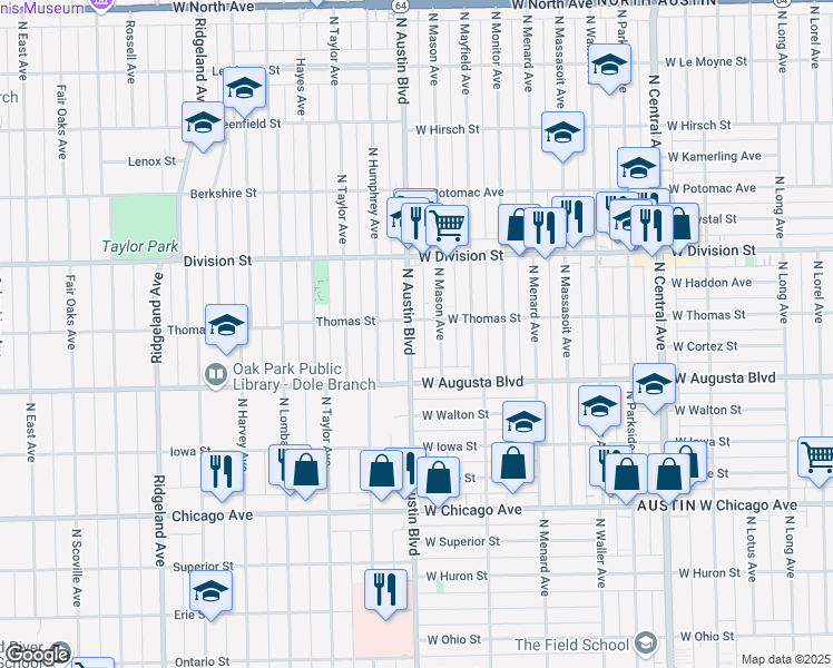 map of restaurants, bars, coffee shops, grocery stores, and more near 1034 North Austin Boulevard in Oak Park