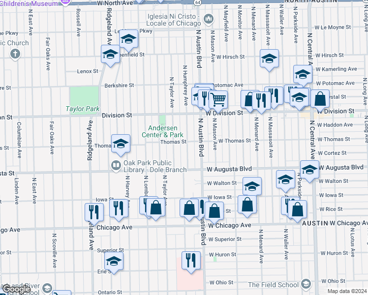 map of restaurants, bars, coffee shops, grocery stores, and more near 731 North Humphrey Avenue in Oak Park