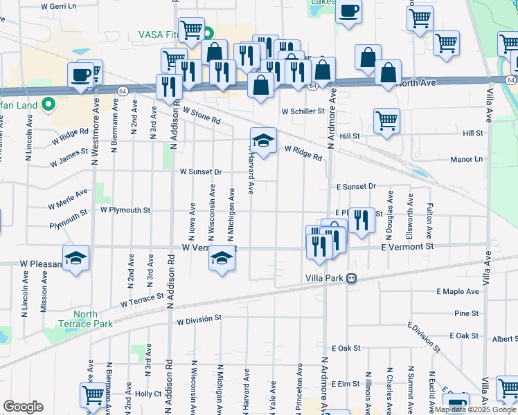 map of restaurants, bars, coffee shops, grocery stores, and more near 203 West Plymouth Street in Villa Park