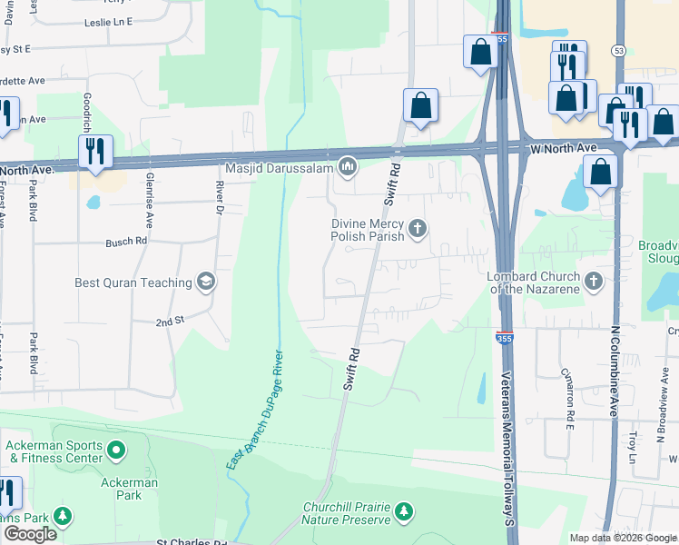 map of restaurants, bars, coffee shops, grocery stores, and more near 11555 Creekside Court in Lombard