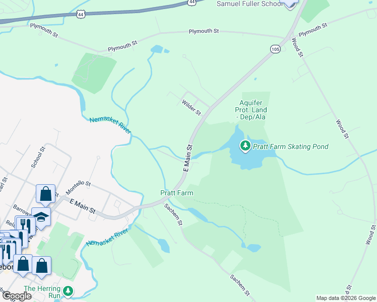 map of restaurants, bars, coffee shops, grocery stores, and more near 123 East Main Street in Middleborough