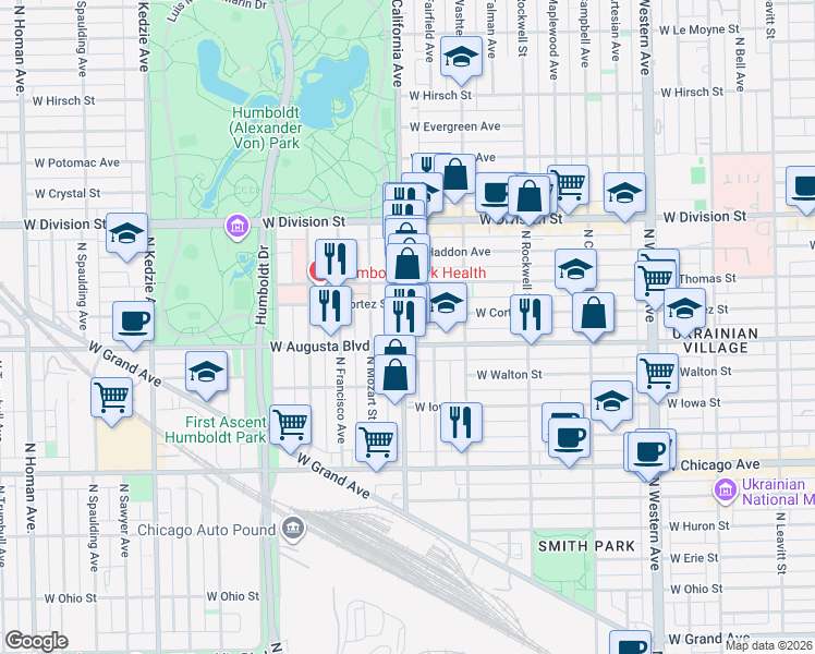 map of restaurants, bars, coffee shops, grocery stores, and more near 2740 West Augusta Boulevard in Chicago