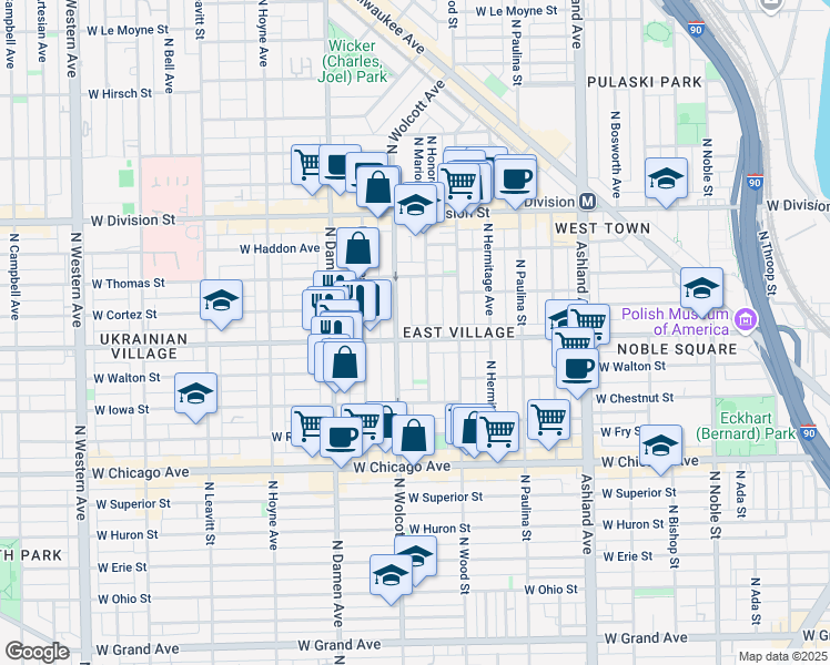map of restaurants, bars, coffee shops, grocery stores, and more near 1844 West Augusta Boulevard in Chicago