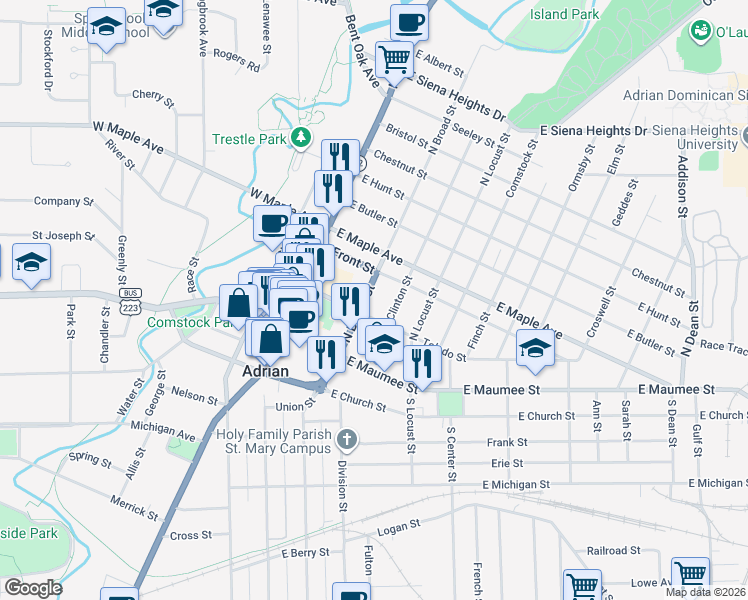 map of restaurants, bars, coffee shops, grocery stores, and more near 210 North Broad Street in Adrian