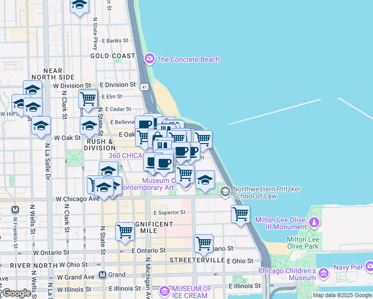 map of restaurants, bars, coffee shops, grocery stores, and more near 221 East Walton Place in Chicago