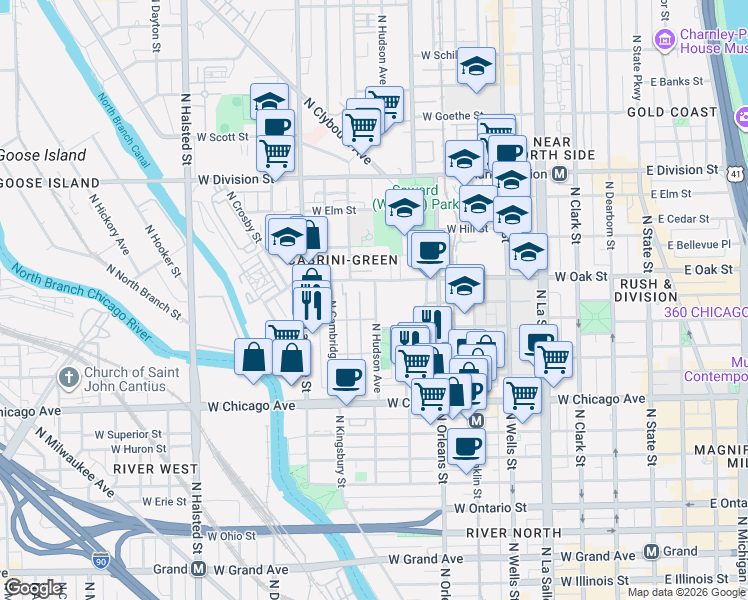 map of restaurants, bars, coffee shops, grocery stores, and more near 908 North Hudson Avenue in Chicago