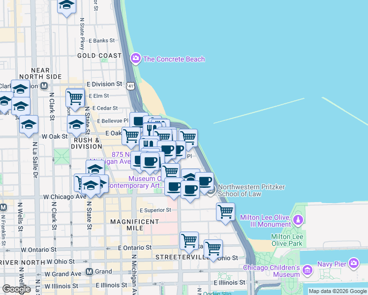 map of restaurants, bars, coffee shops, grocery stores, and more near 910 North Lake Shore Drive in Chicago