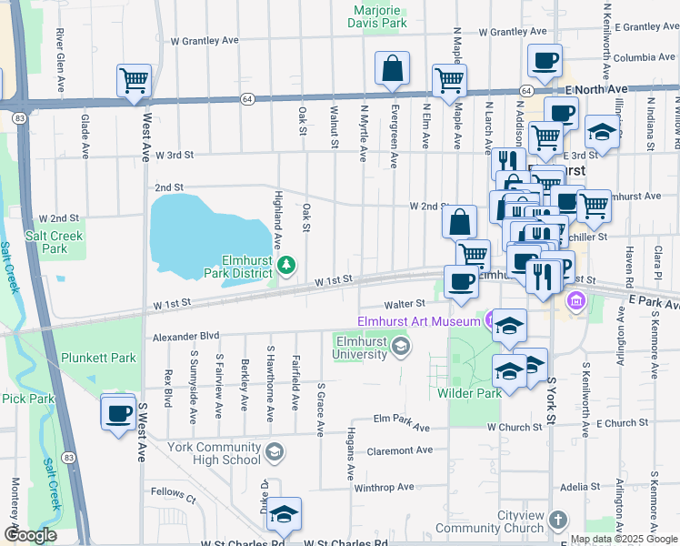 map of restaurants, bars, coffee shops, grocery stores, and more near 103 Walnut Street in Elmhurst