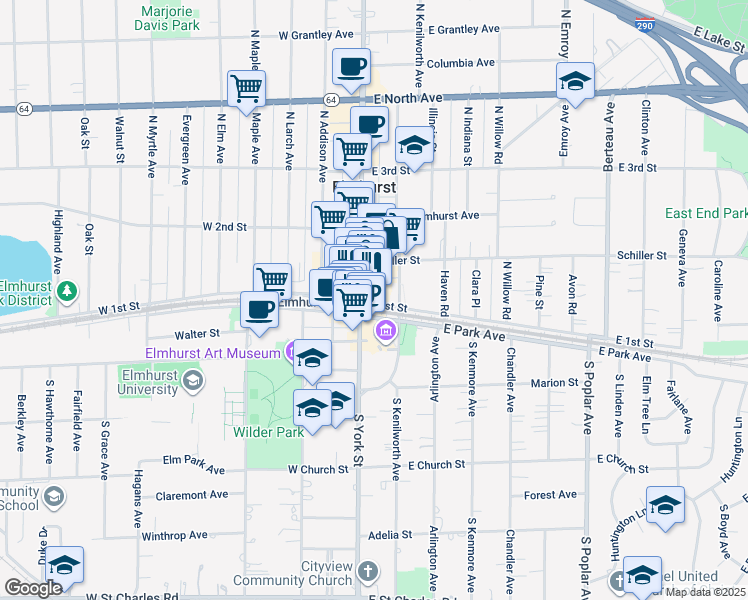 map of restaurants, bars, coffee shops, grocery stores, and more near 111 East 1st Street in Elmhurst