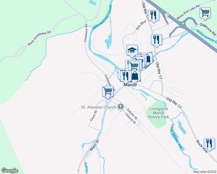map of restaurants, bars, coffee shops, grocery stores, and more near 13 Creamery Road in Livingston Manor
