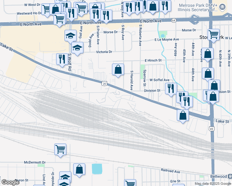 map of restaurants, bars, coffee shops, grocery stores, and more near 5100 West Lake Street in Chicago