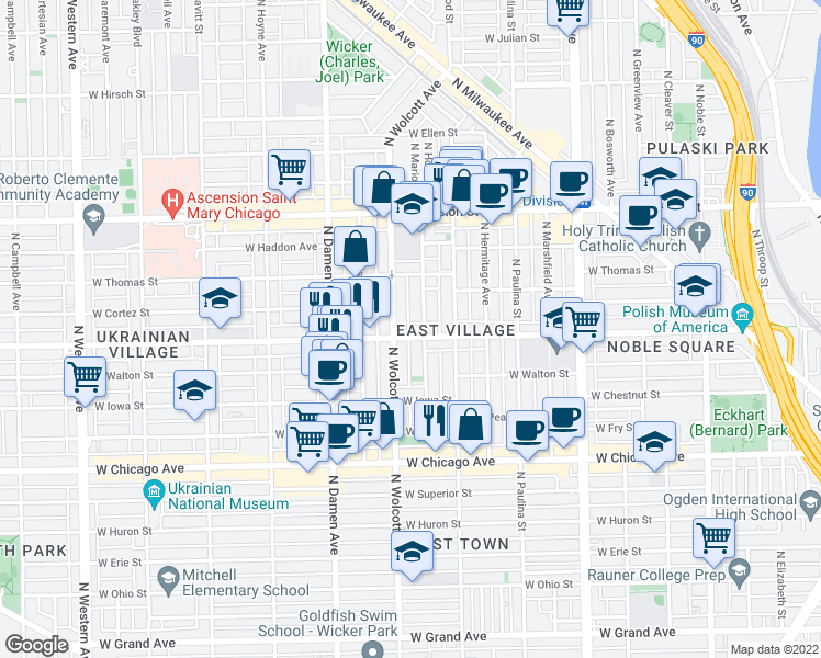 map of restaurants, bars, coffee shops, grocery stores, and more near 959 North Honore Street in Chicago