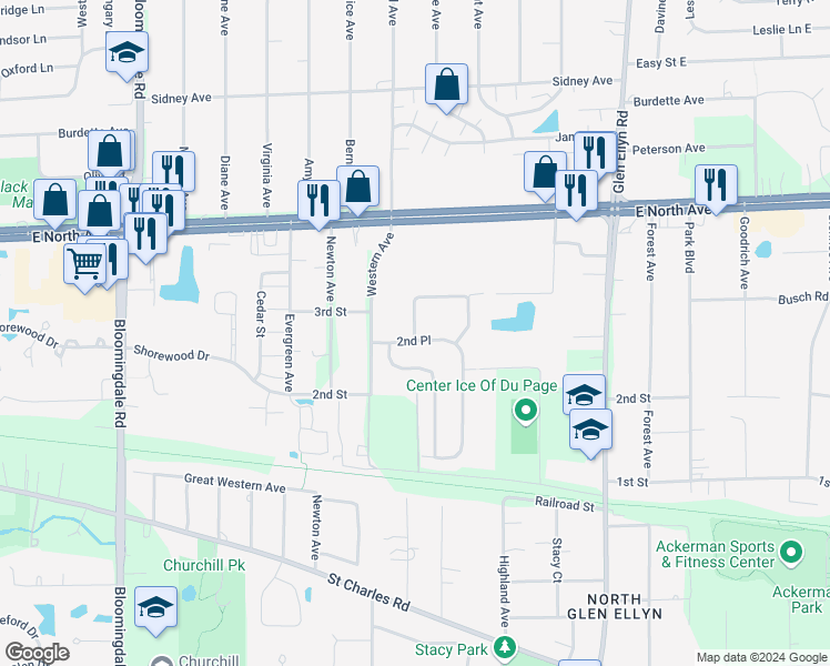 map of restaurants, bars, coffee shops, grocery stores, and more near 1104 Coventry Circle in Glendale Heights