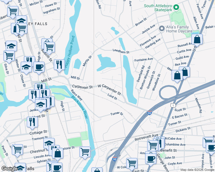 map of restaurants, bars, coffee shops, grocery stores, and more near 55 West Carpenter Street in Attleboro